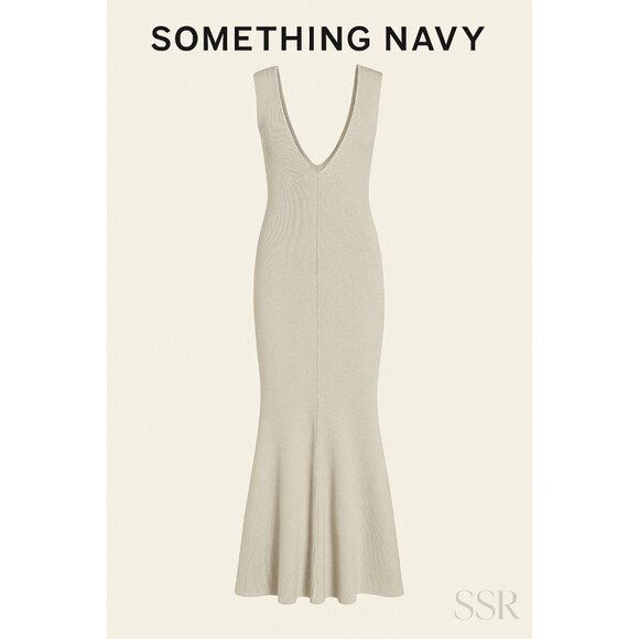 Something Navy Silver Metallic Knit Plunge Maxi Dress Sleeveless Mermaid Hem S/M - Picture 1 of 9
